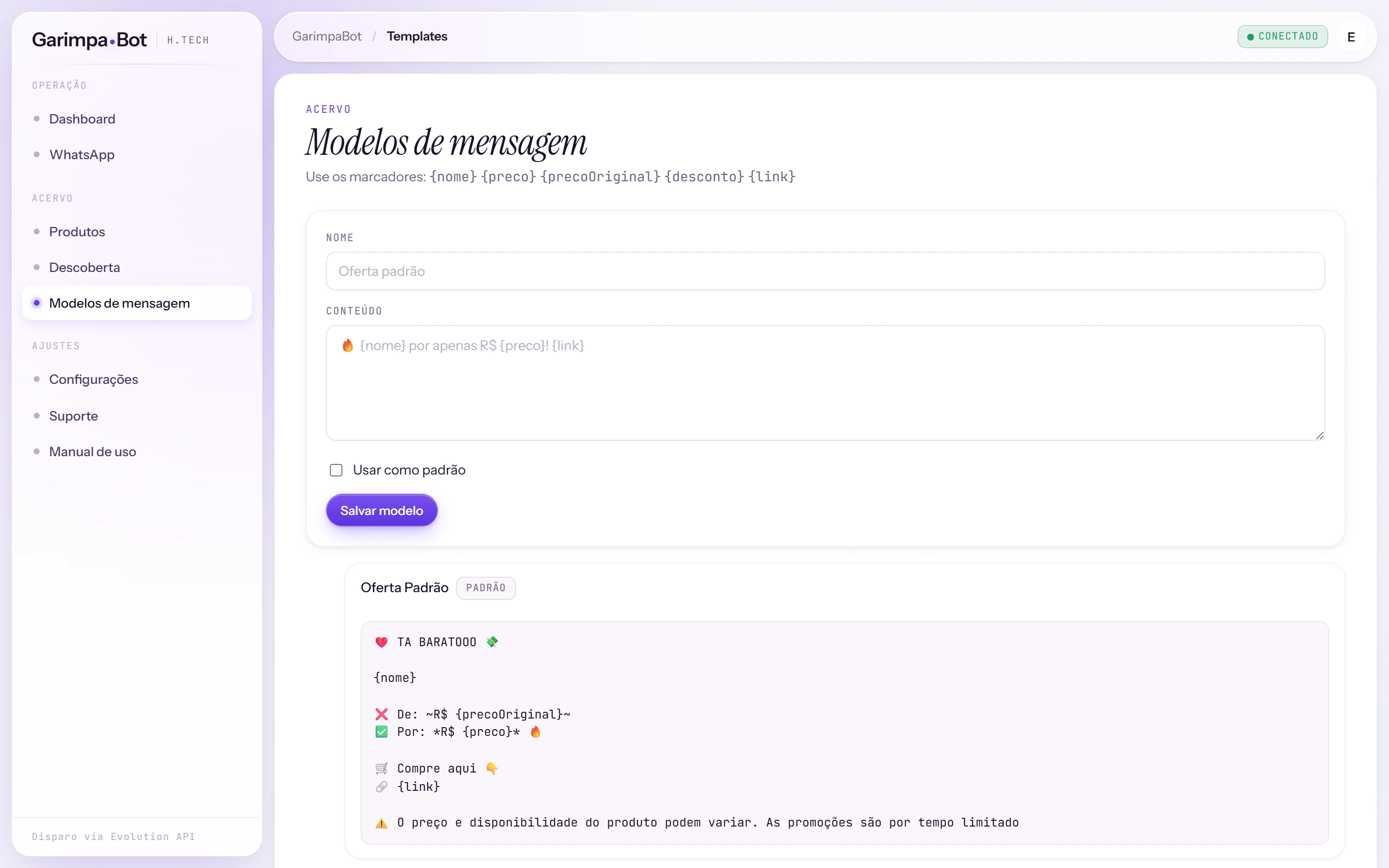 Editor de modelos de mensagem, com os marcadores disponíveis e a pré-visualização do texto que vai para o grupo.